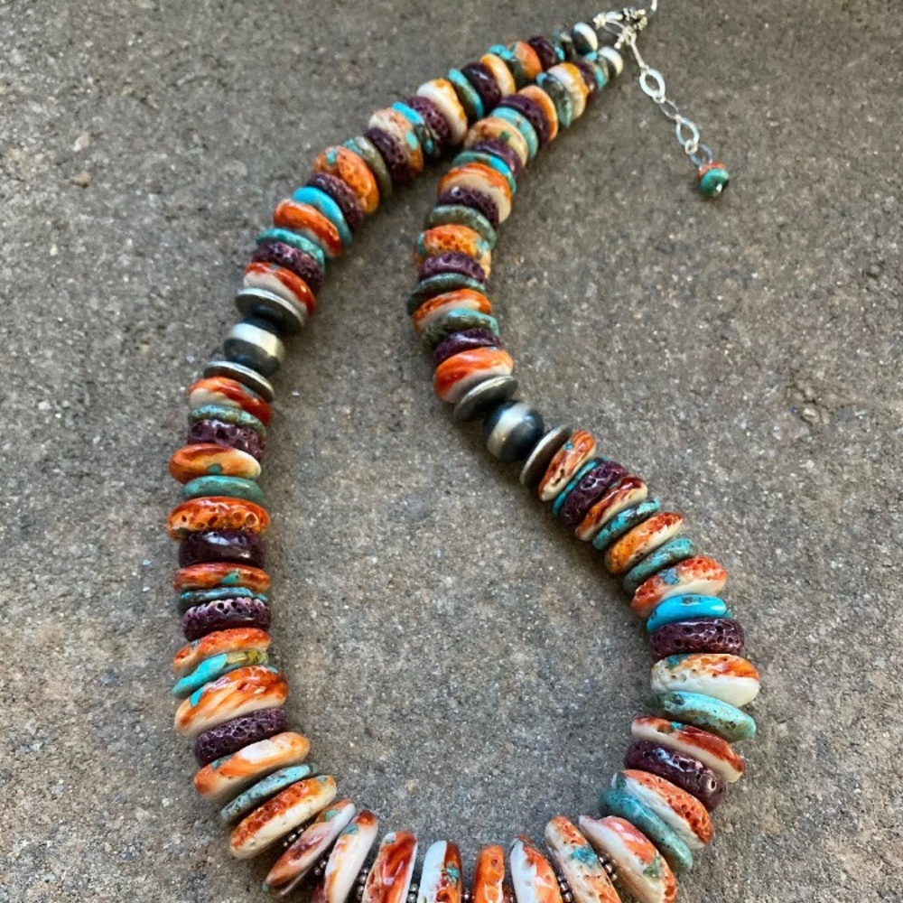 S.S.Multi StoneTurquoiseSpiny Oyster Bead Necklace - Picture 2 of 8
